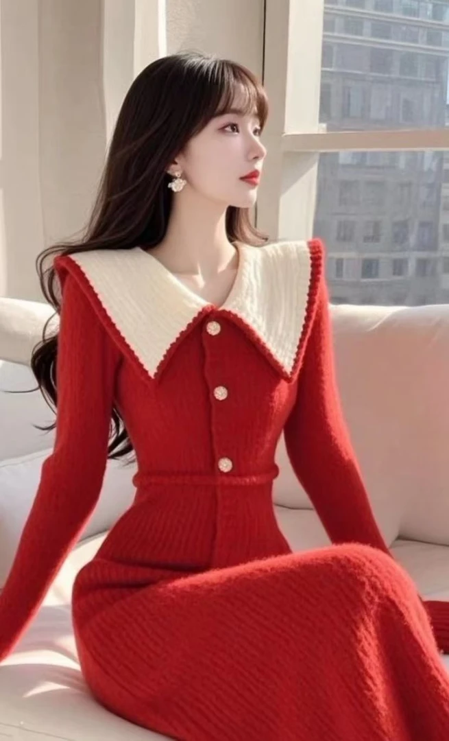 红色针织连衣裙女秋冬2024新款大衣内搭打底长款毛衣裙子