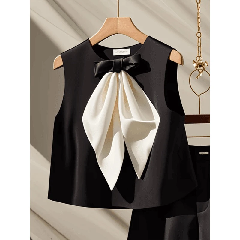 L09（夏季清仓）女装套装气质高端轻奢时尚黑色蝴蝶结两件套夏