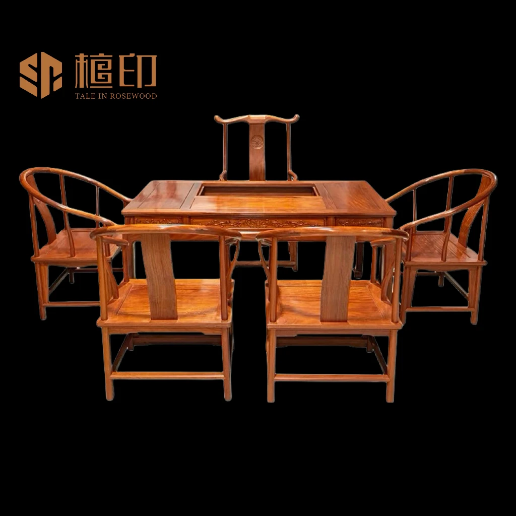 缅甸花梨/大果紫檀茶桌椅中式泡茶台组合六件套