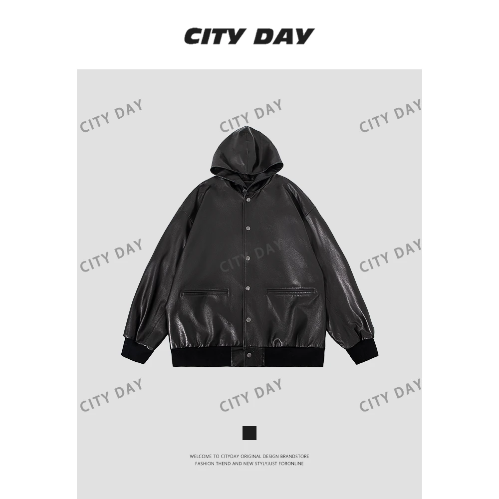 City Day【潮灰私订】廓形连帽100绵羊皮细腻光泽感皮衣外套 7753