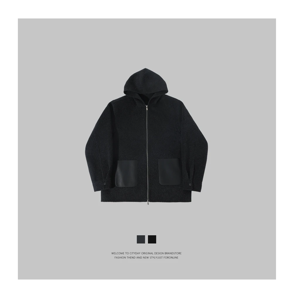 CityDay【潮灰私订】精纺羊毛 双面尼拼皮口袋连帽外套 6703
