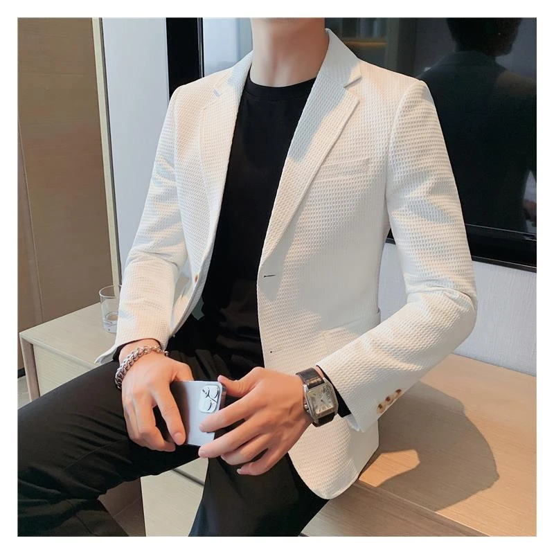 夏季白色华夫格西服套装男士韩版修身小个子休闲小西装外套男潮流