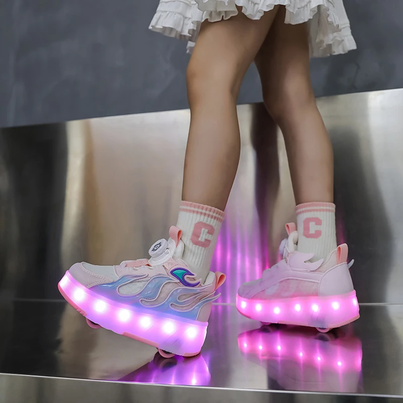 女童滑轮鞋男童秋冬2024新款儿童双网四轮隐形溜冰鞋中大童暴走鞋