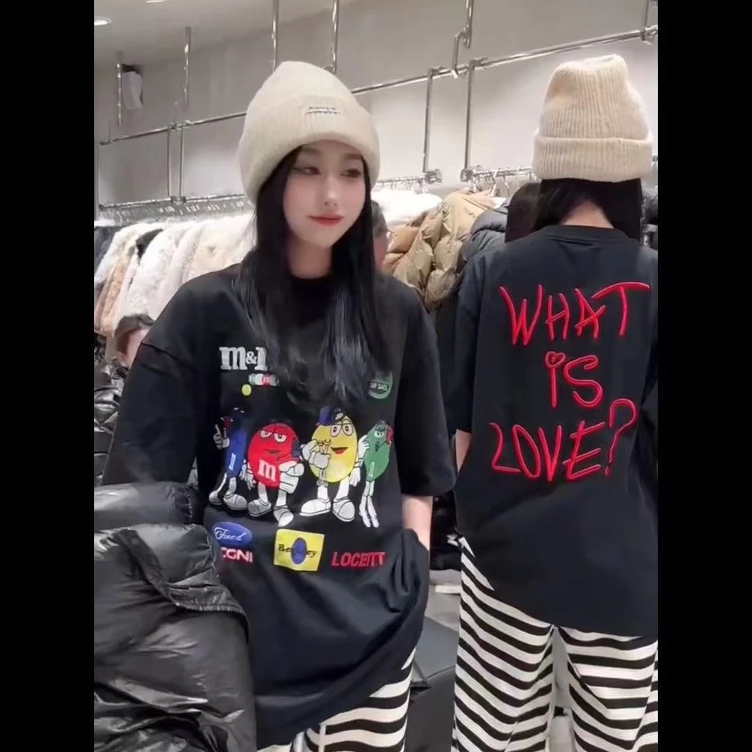 休闲2023T恤夏季新款短袖印花可爱卡通宽松百搭上衣ins爆款M豆