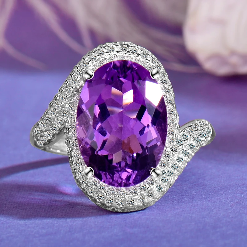 天然紫水晶戒指女洋气招财聚财纯银中指高级感不掉色气质高贵大气