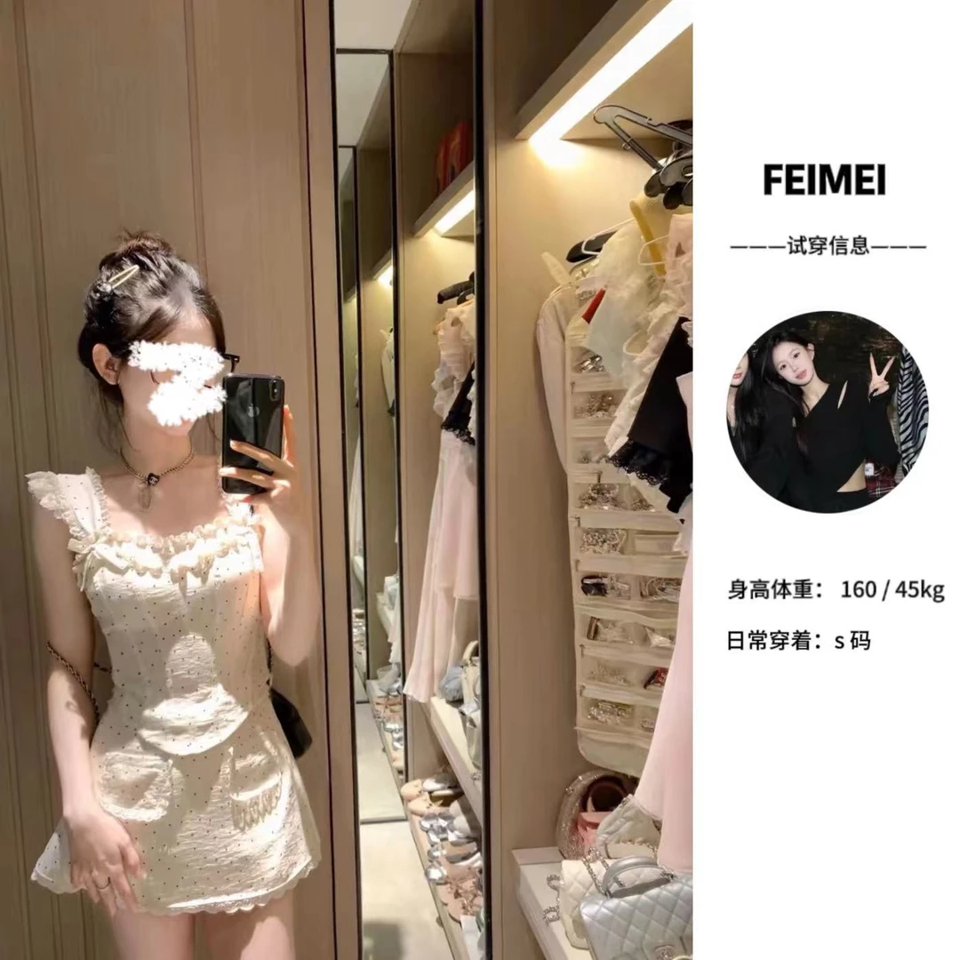 肥妹【巴比伦恋人】6349甜系少女波点修身鱼骨花边上衣套装