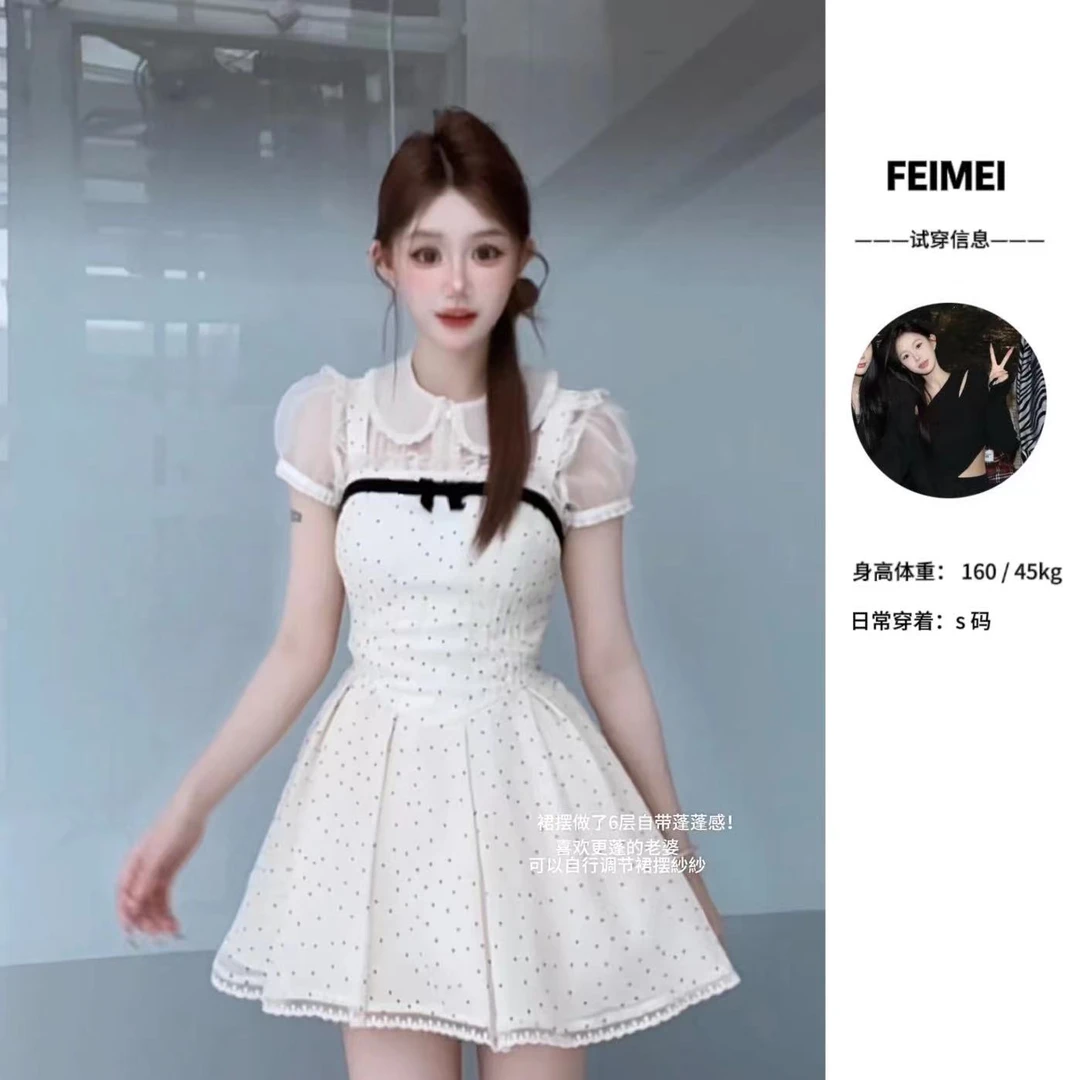 肥妹【天鹅湖】6416重工系列蝴蝶结复古波点连衣裙+欧根纱上衣