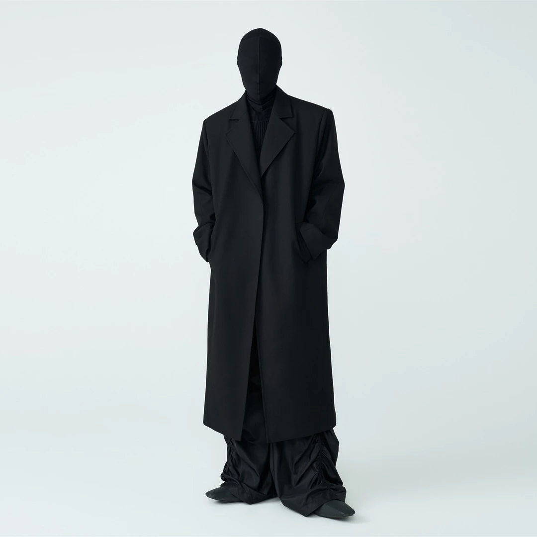 FRKM SCD 23F/W无扣宽松垫肩中长款拼接黑色大衣外套男女风衣