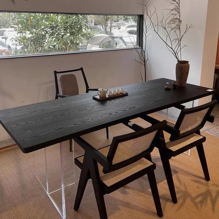 侘寂风碳化黑色实木餐桌原木大板工作台极简风阳台茶桌茶台一整套
