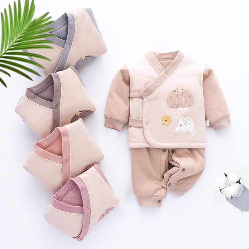 秋冬新生儿棉衣套装偏襟按扣上衣裤宝宝外出服保暖幼婴儿秋冬套装