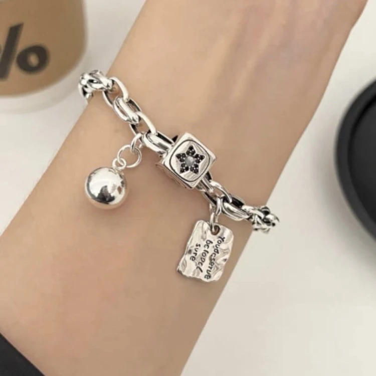 925银手链 多面好运字母笑脸魔方有求必应潮牌手链20cm