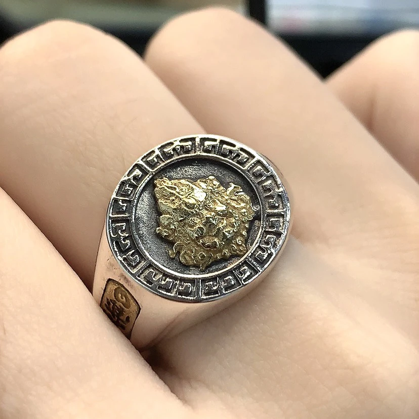 925银戒指 复古3d立体黄财神富甲天下日进斗金戒指