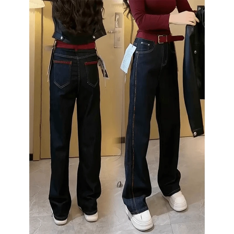 加绒梨型身材普洗蓝弹力直筒牛仔裤女士水洗新款秋冬窄版阔腿裤子