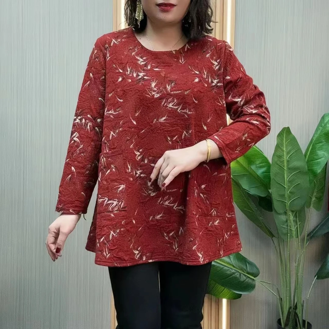 春季新款时尚加大加肥妈妈装宽松显瘦女士中长款长袖上衣小衫