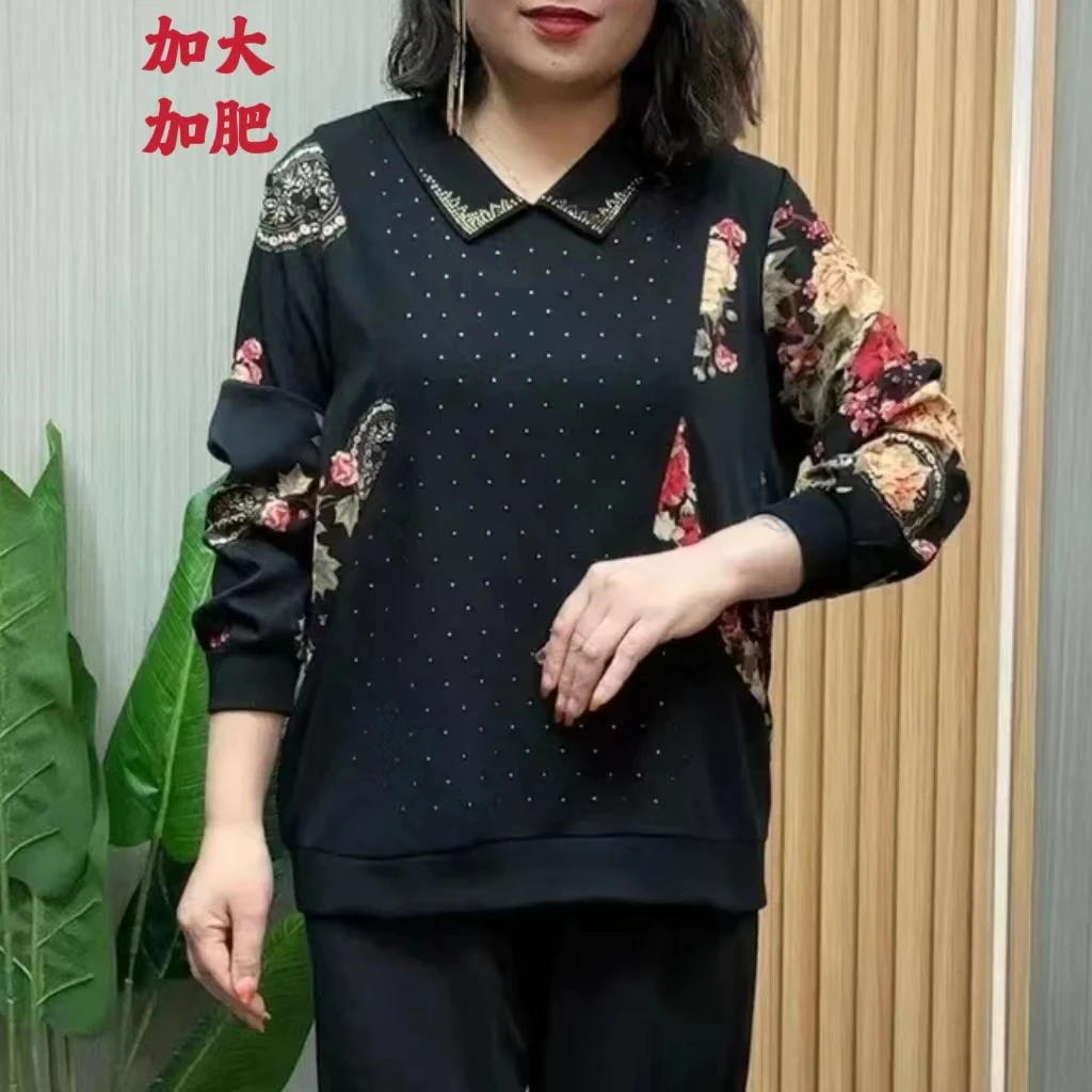 春季新款时尚加大加肥妈妈装宽松显瘦百搭女士长袖小衫