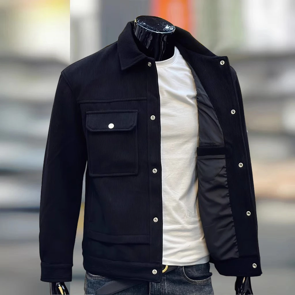 灯芯绒外套男士厚款单排扣条纹修身上衣翻领秋季外搭休闲工装潮流