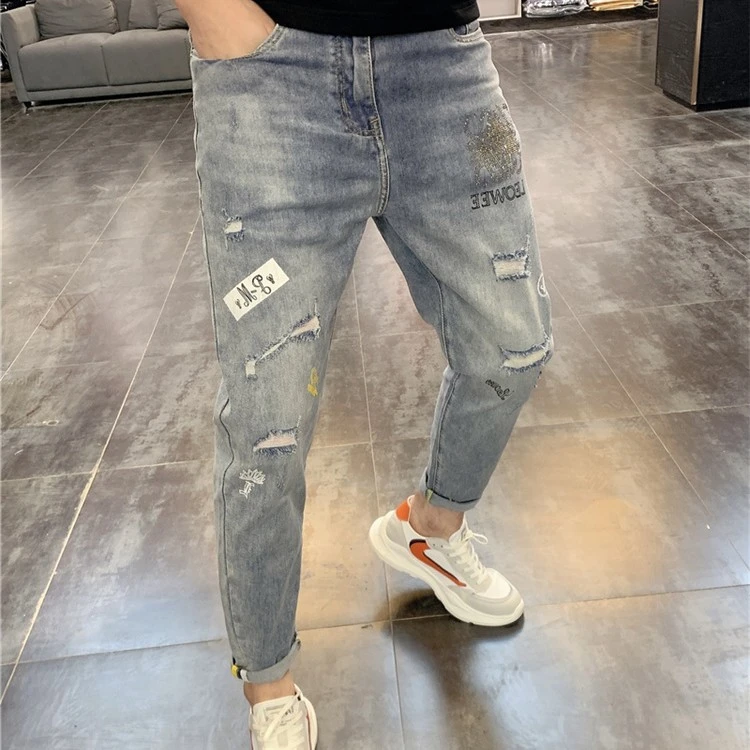 欧货夏季男士烫钻修身薄款破洞弹力青年潮牌中腰小脚牛仔裤九分裤