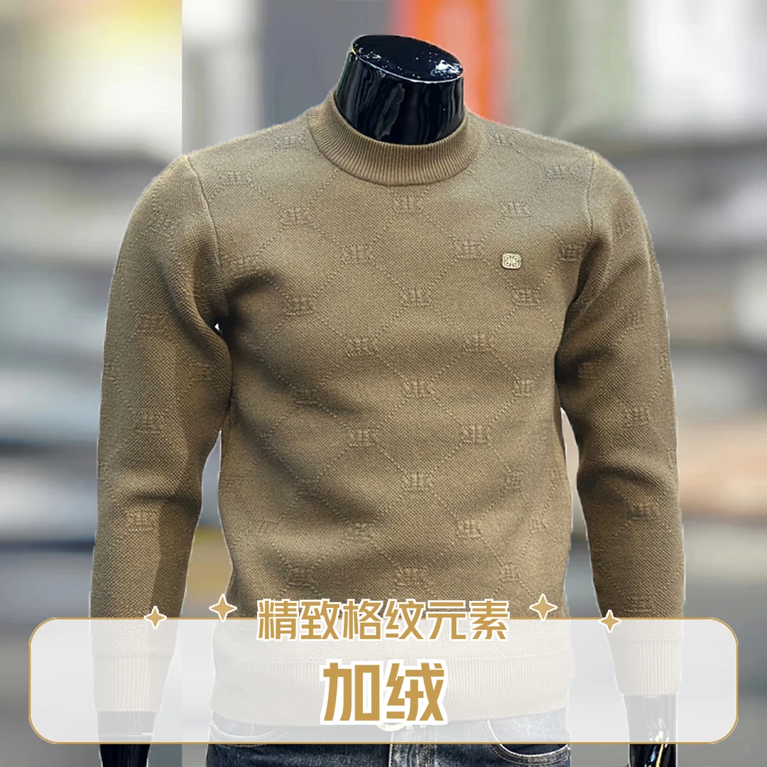 加绒冬季线衣加厚毛衣男套头线衣保暖长袖男士中半高领打底针织衫
