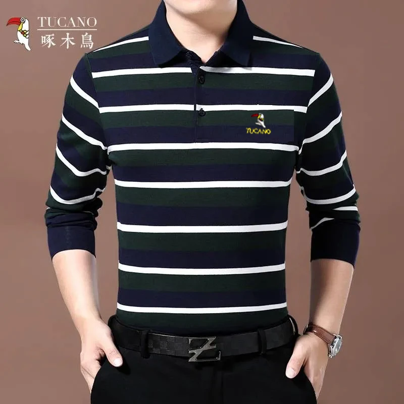 啄木鸟t恤男长袖宽松男士春秋季中年条纹休闲薄款商务翻领polo衫