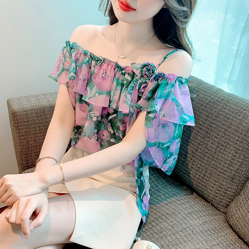2023夏季新款女荷叶边甜美小清新露肩吊带雪纺上衣