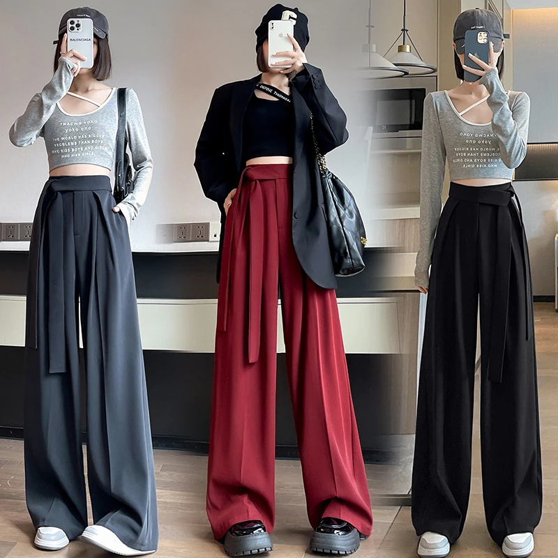 秋冬加厚西装裤女休闲直筒拖地灰色阔腿裤设计感绑带高腰垂感