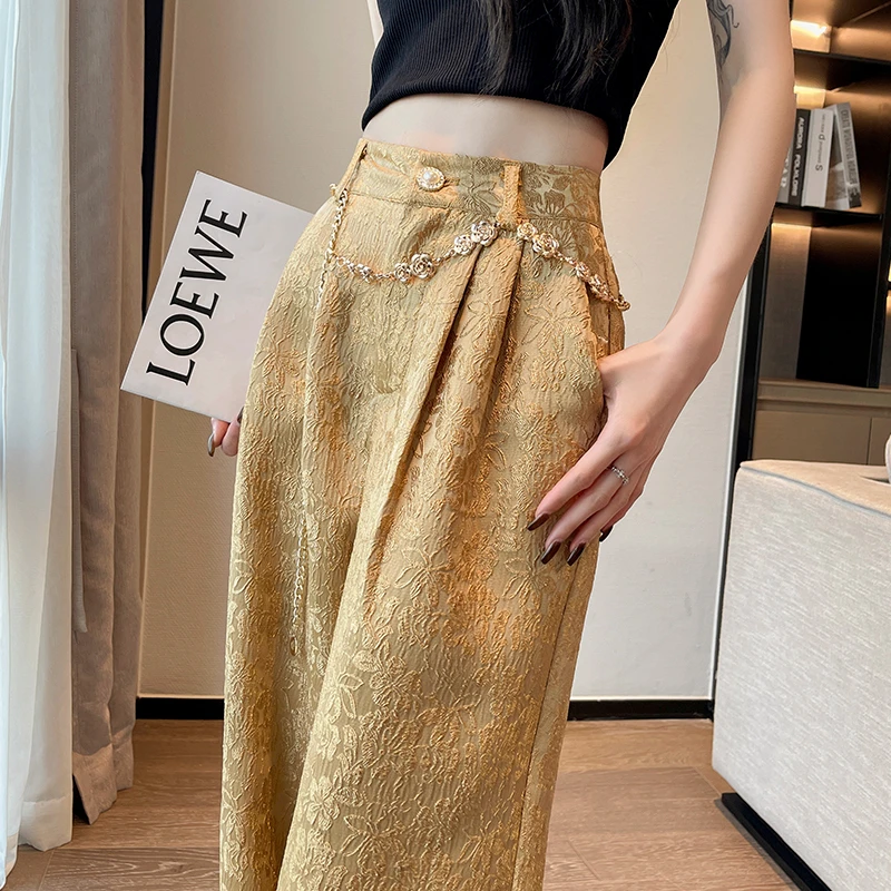 2024年夏季新款垂感新中式国风花纹裤子女显瘦百搭宽松阔腿拖地裤