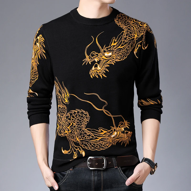 男士秋季爆款双龙针织衫时尚休闲打底衫T恤圆领潮款新款男装毛衣