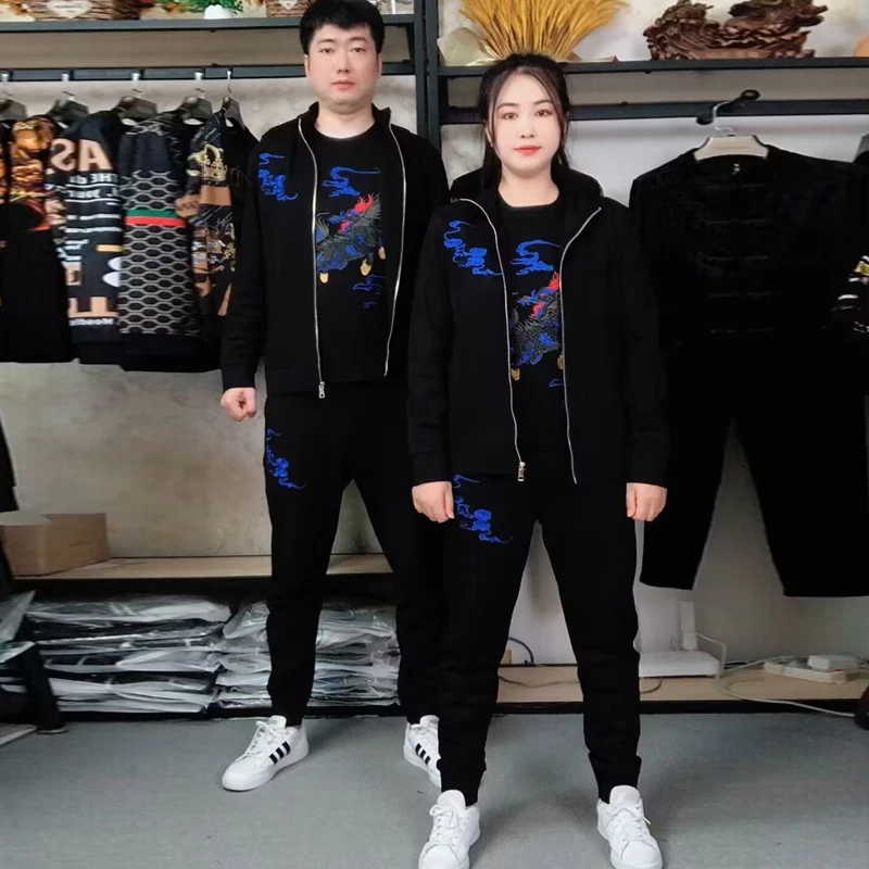 男士秋季时尚套装休闲重工刺绣麒麟两件套三件套潮男潮流民族风