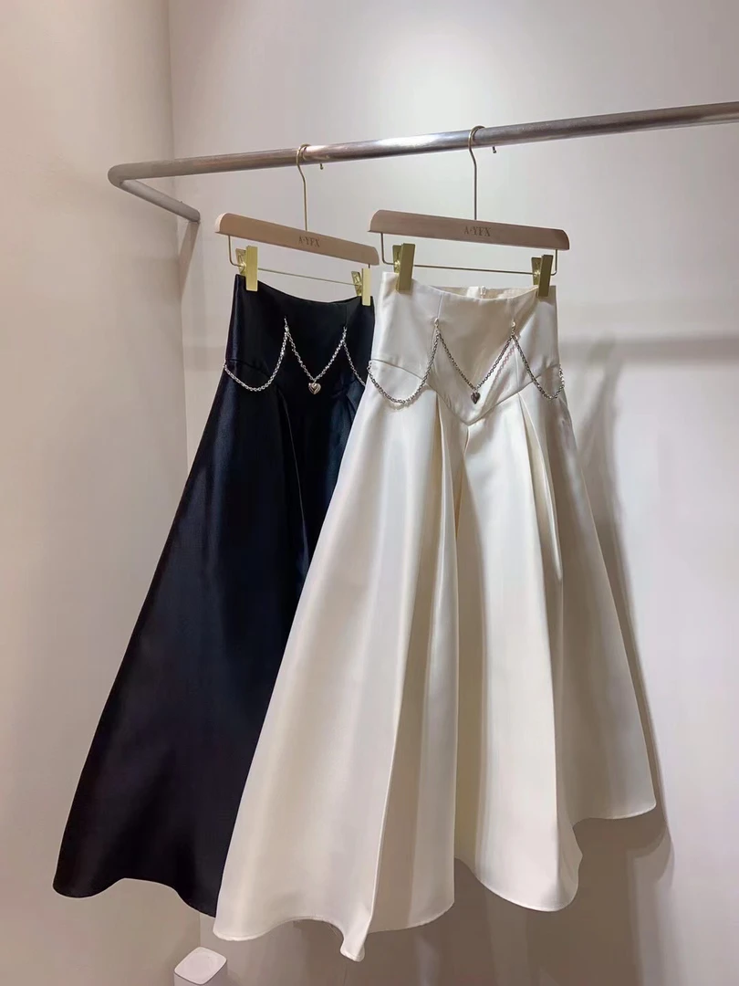 春秋新款半裙23062链条装饰高腰压褶a字长裙伞裙中长款显瘦半身裙