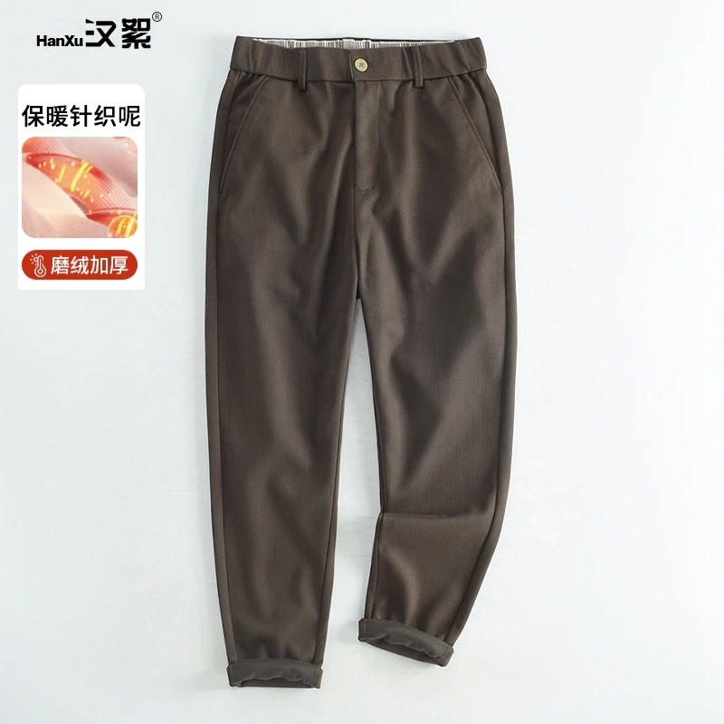 汉絮秋冬季条纹毛呢裤子男士时尚百搭休闲裤青年微宽松直筒长裤男