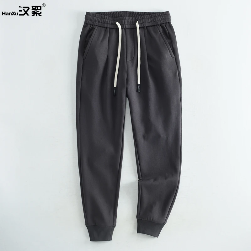 汉絮320克紧密赛络纺针织卫裤男款运动休闲裤春季纯色束脚九分裤