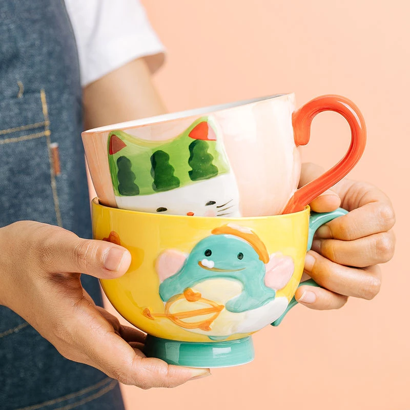 简约可爱马克杯喝水杯子陶瓷家用手绘早餐杯卡通大容量麦片咖啡杯