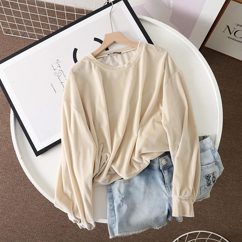 SU247 西班牙D复古柔软舒适丝绒长袖圆领套头卫衣女