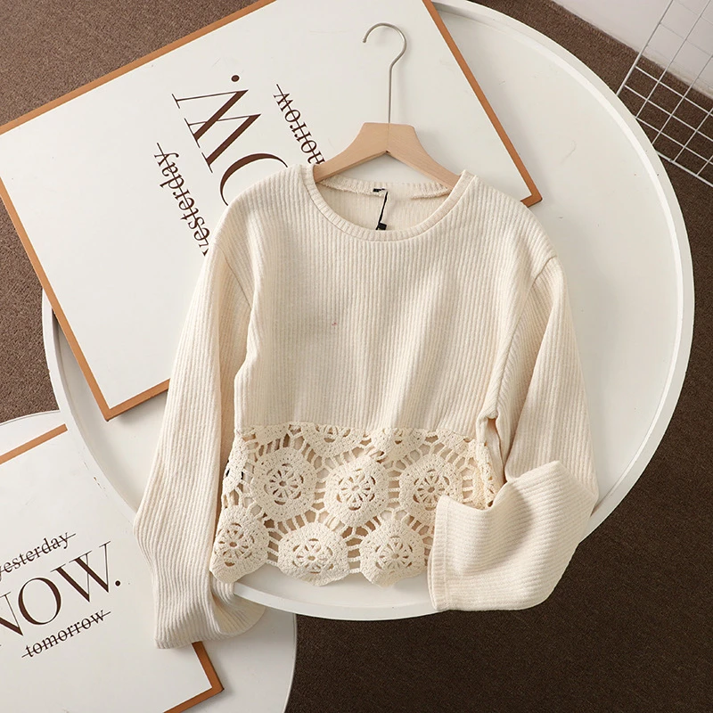 SU158 欧美风时尚舒适柔软修身显瘦钩针圆领长袖针织衫女