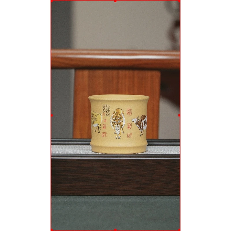 199ZRB宜兴原矿冷黄金手绘五牛主人杯紫砂