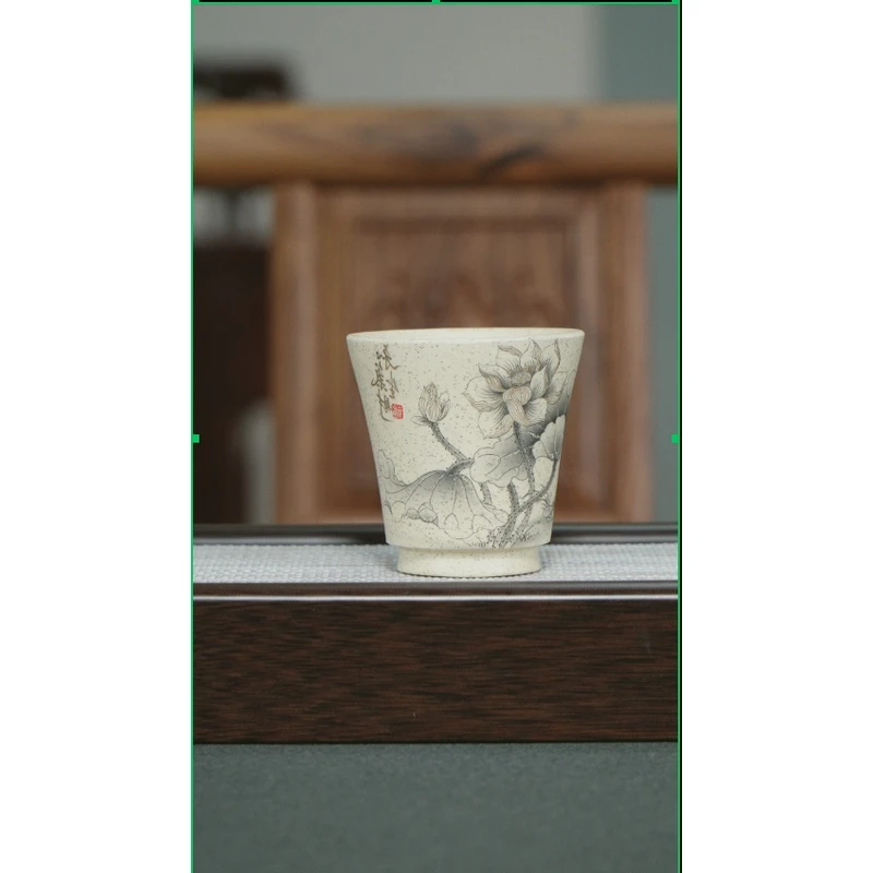 020ZRB宜兴原矿手绘荷花主人杯紫砂