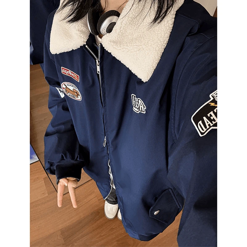 摇粒绒翻领绣标棉衣棉服男冬季新款宽松休闲加厚夹棉棒球服外套潮