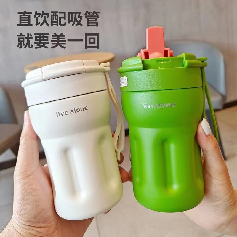 高颜值卡通创意保温杯六角不锈钢水杯密封防漏户外便携提绳可爱