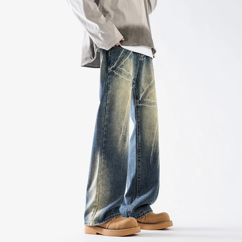 闪电纹牛仔裤美式休闲高街潮牌做旧水洗个性宽松复古直筒裤