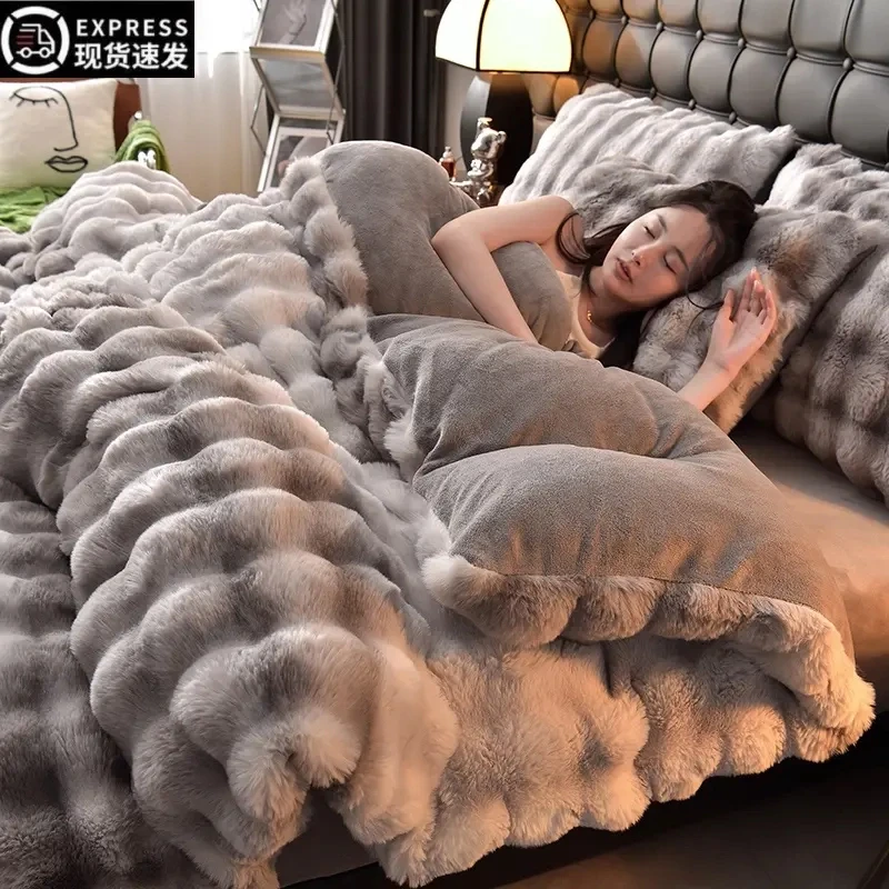 轻奢高级感兔毛绒四件套冬季加厚牛奶绒被套珊瑚绒床单款床上用品