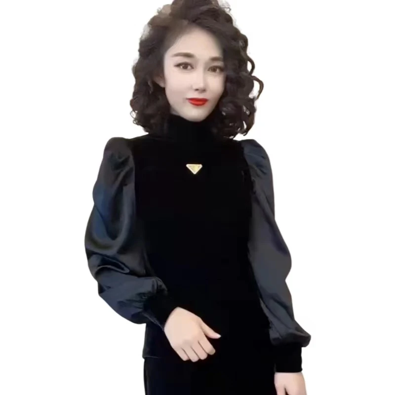 拼接长袖时尚黑色醋酸拼弹力绒小衫