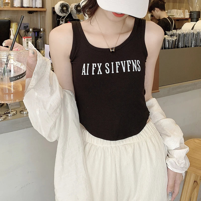 字母纯棉背心女夏季外穿修身显瘦美背带胸垫短款内搭打底无袖上衣