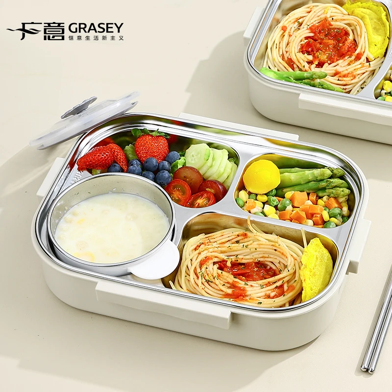 广意大容量不锈钢饭盒带盖微波炉可加热上班族分隔便当盒餐盒