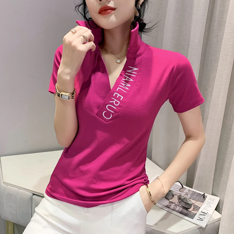 时尚POLO衫短袖女2024新款欧货V领T恤女夏修身百搭半袖体恤上衣潮
