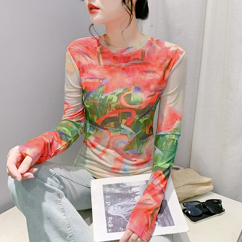 女装2024新款潮欧货扎染印花网纱T恤长袖洋气上衣修身显瘦打底衫