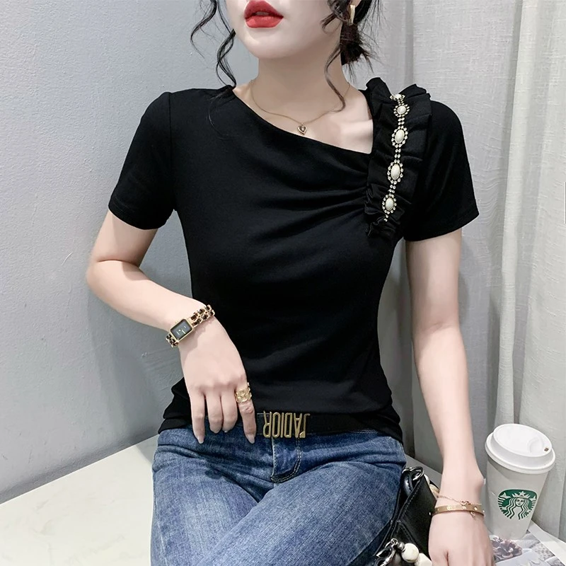 性感斜领T恤女短袖夏欧货洋气设计感荷叶边上衣修身显瘦半袖小衫
