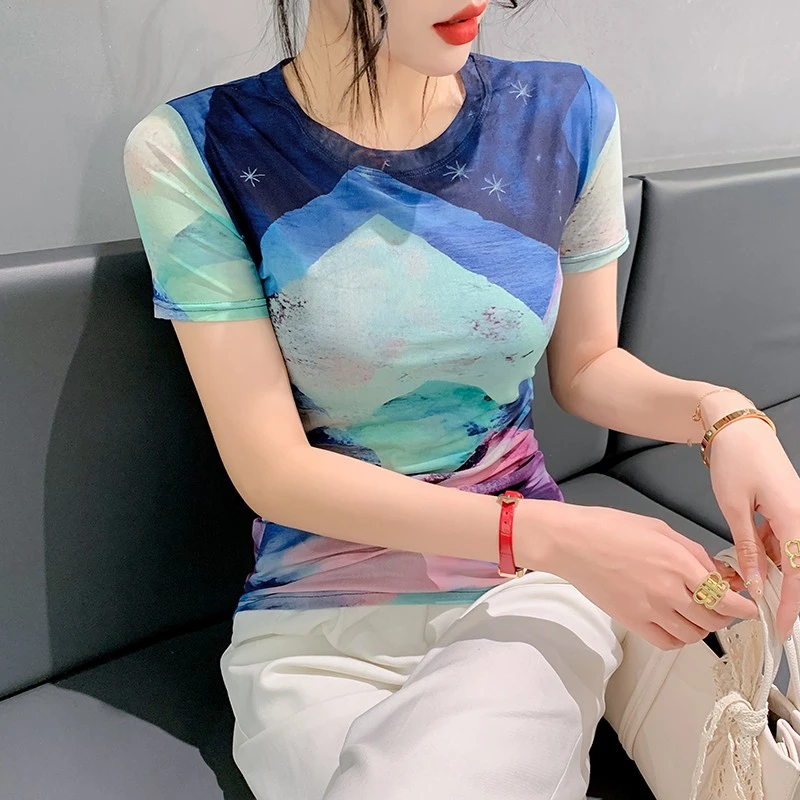 2023夏季新款欧货时尚印花网纱T恤女短袖修身百搭半袖体恤上衣潮