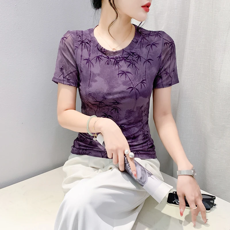 短袖t恤女2024夏季新款欧货时尚印花网纱上衣气质显瘦漂亮小衫潮