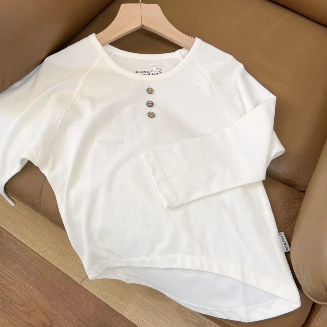 3004A秋季女童白色纯棉圆领上衣 长袖T恤