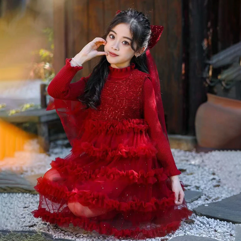 冬装女童洋气红色连衣裙2024新款儿童洋气年货蛋糕裙女孩新年衣服